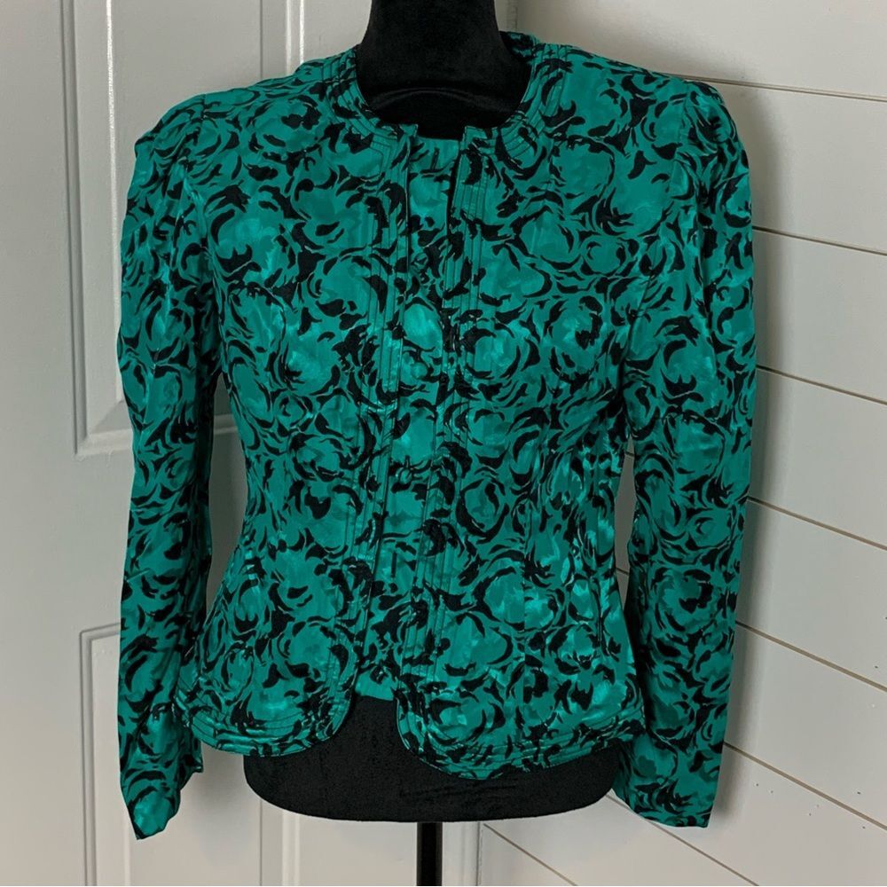 Vintage Maggy London 100% silk blazer green/black long sleeve 80s jacket size 14